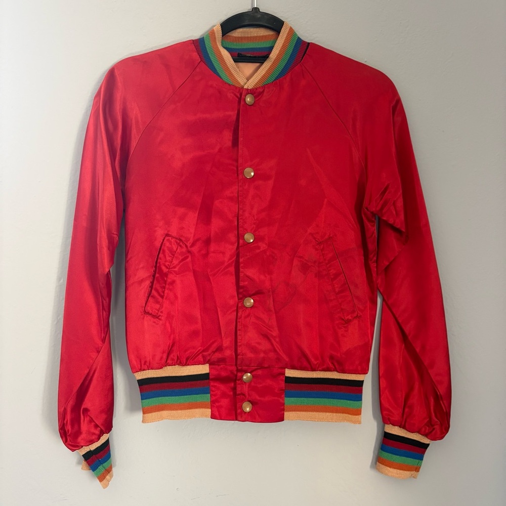 GAP Red Satin Varsity Jacket with Rainbow Trim